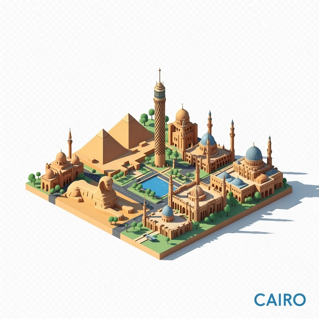 Isometric minimalistic illustration of Cairo, subtle 3D miniature effect and Tilt Shift effect, no cartoonish look, transparent background. emoji