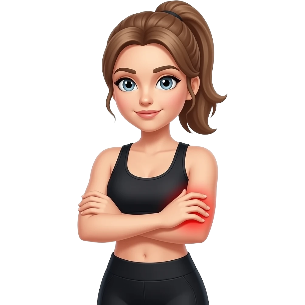 arm pain, red glow on arms, woman holding one arm, fair-skinned woman, gray-blue eyes, ash brown brows, ash light brown hair tied back, slim athletic body, black workout set emoji