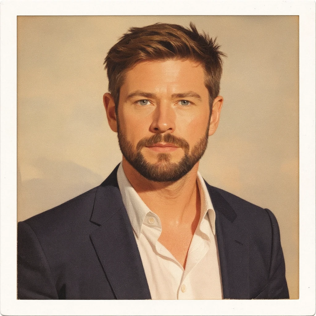 Polaroid style portrait illustration of Chris Hemsworth with short hair, beard, and a confident expression, warm tones, classic instant photo border, based on the reference photo. emoji