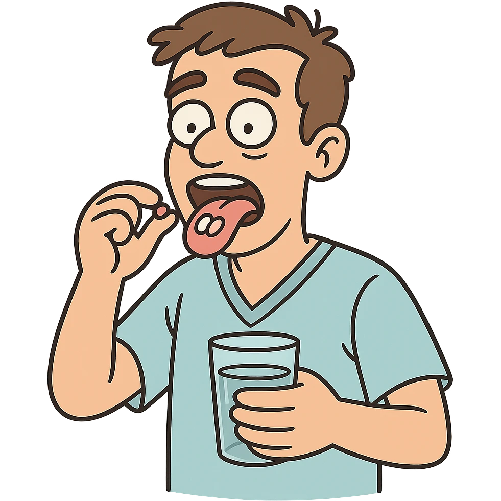 A male patient facing the front with his tongue out about to swallow two pills and holding a glass of water emoji