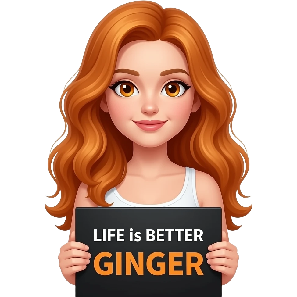 sexy girl with long wavy ginger hair and ginger eyes wearing a white tanktop is holding a black colored sign with LIFE is BETTER with a GINGER written on it emoji