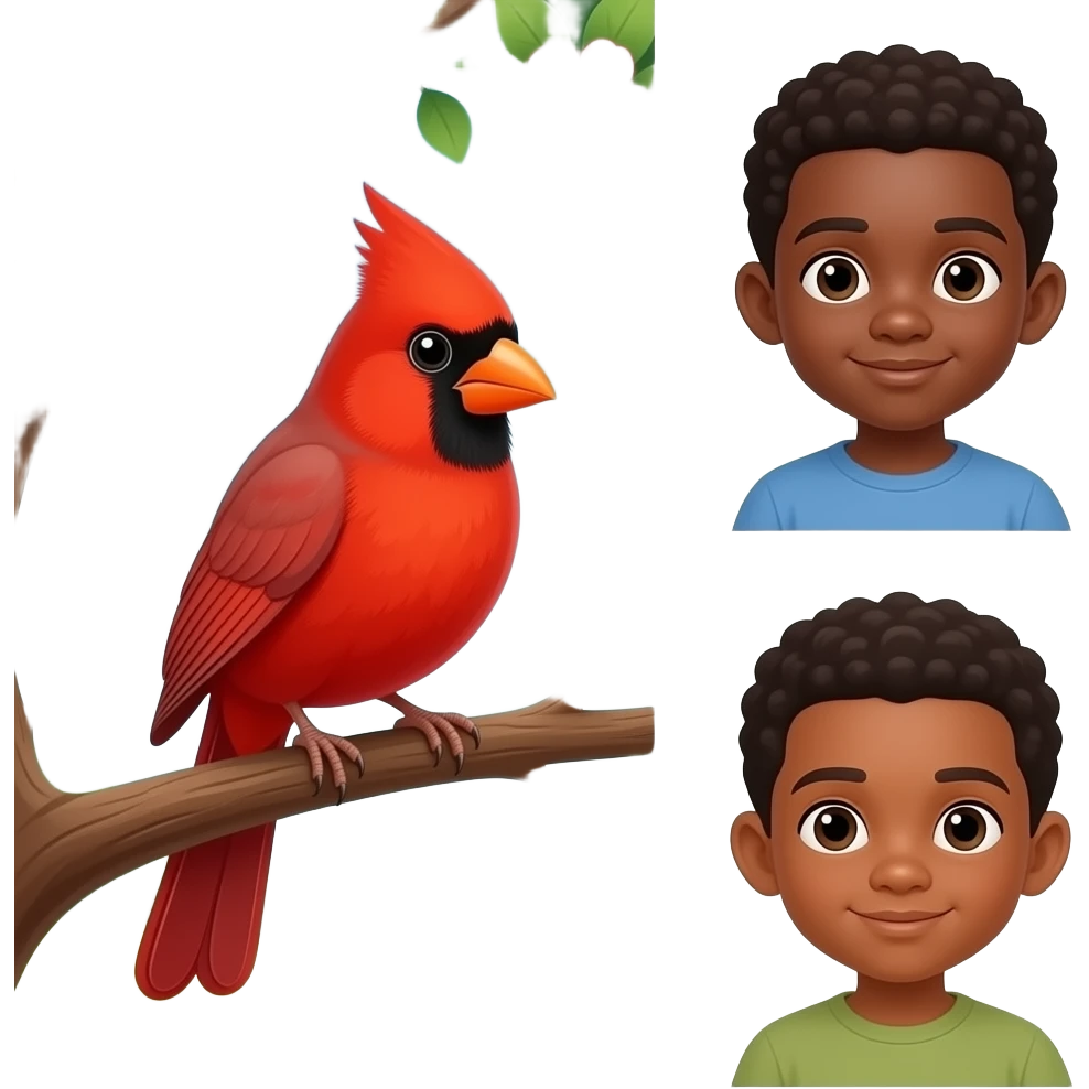 A red cardinal in a tree with pink and green flowers while an African American boy and little African American boy look on emoji