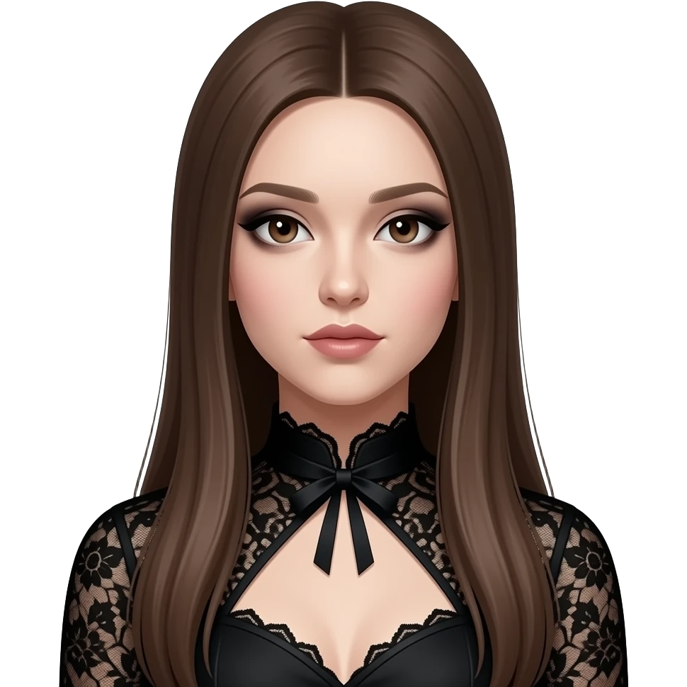 realistic pretty white skin long straight brown hair girl brown eyes long face wearing gothic and makeup dress HD emoji