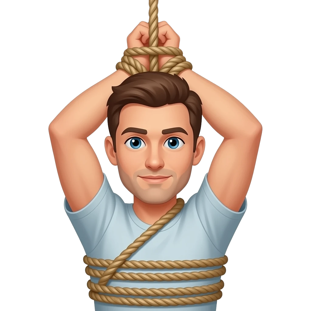 Man hogtied hanging from roof rope tied emoji