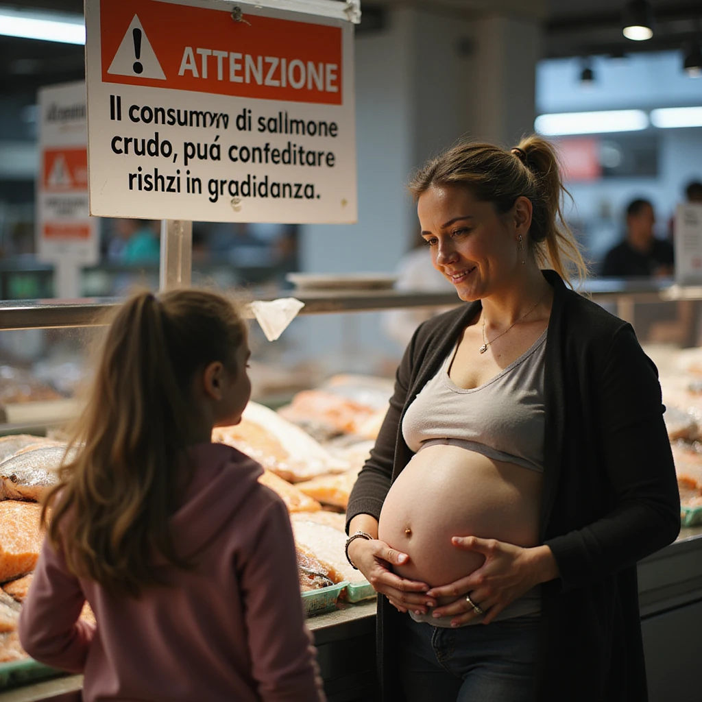 realistic pregnant woman in 4K showing the informational sign in a fish market with the text: “Attenzione, il consumo di salmone crudo può comportare rischi in gravidanza” to a little girl, explaining its meaning. emoji