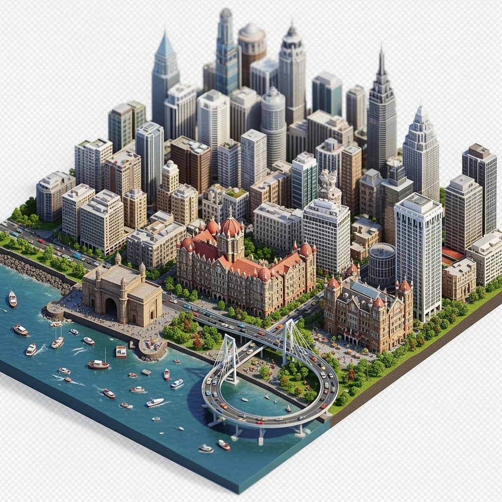 Isometric miniature of Mumbai city, featuring iconic landmarks like Gateway of India, Bandra-Worli Sea Link, Chhatrapati Shivaji Terminus,  clustered high-rises and skyscrapers, 3D miniature effect and Tilt Shift effect, no cartoonish look, transparent background.

 clustered high-rises emoji
