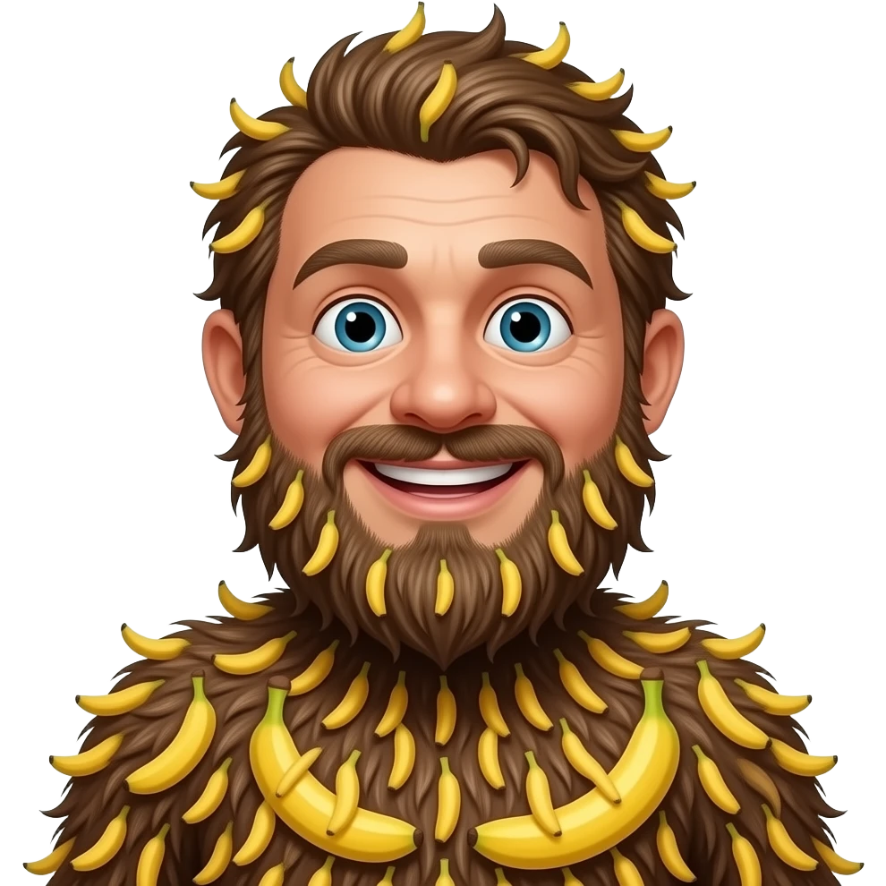 Emoji - a hairy banana-man smiling, the banana is heavily and abundantly covered in hair. emoji