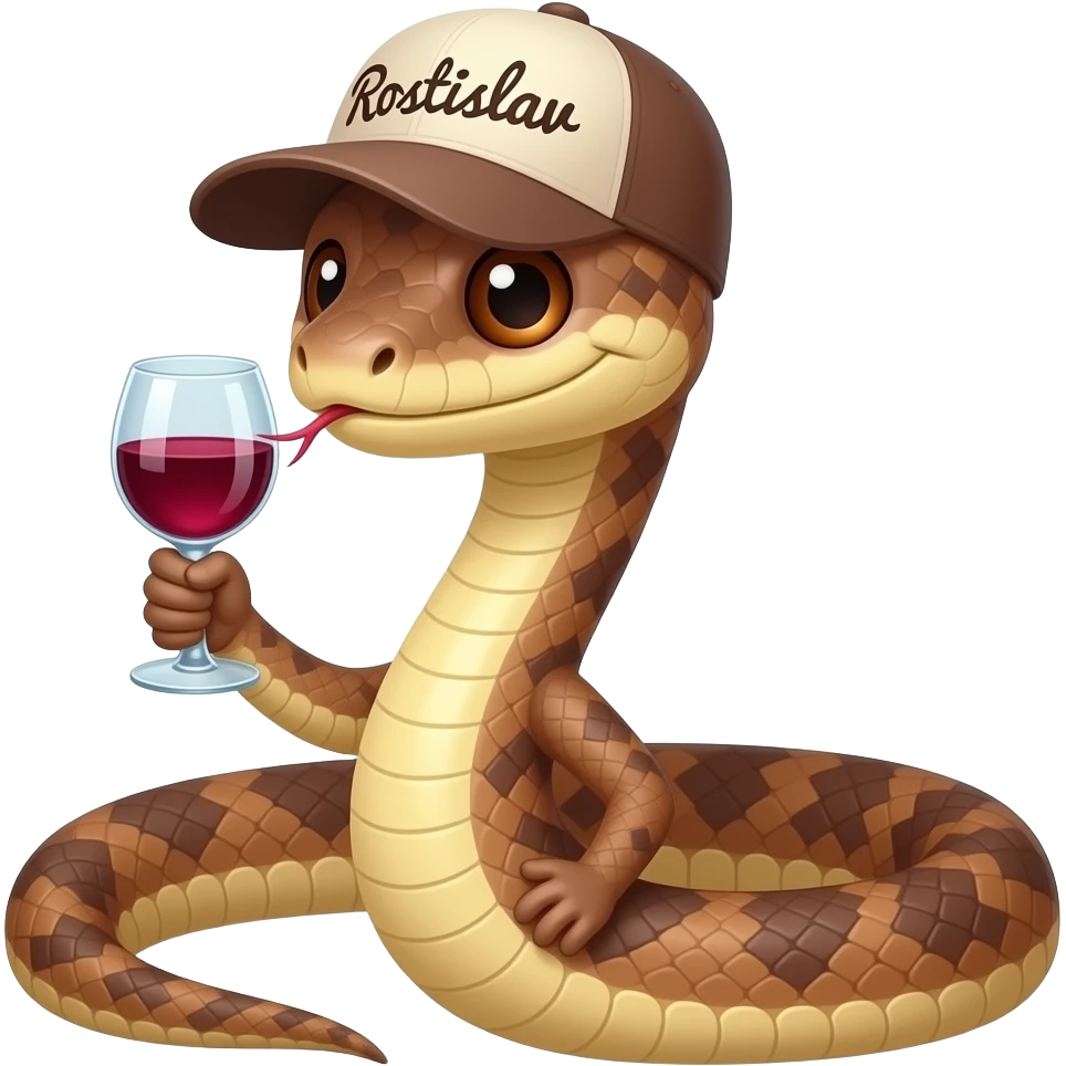 A brown-eyed snake wearing a cap with the inscription "Rostislav" drinks wine. emoji