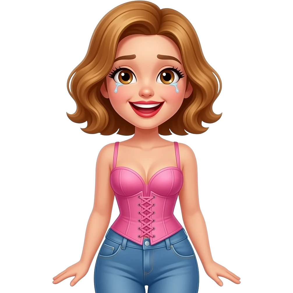 white, very beautiful woman, with big plump red lips, long long lashes, honey wavy short hair, hazel eyes,  laughing with tears .  full body.  Wearing a pink corset & blue jeans emoji