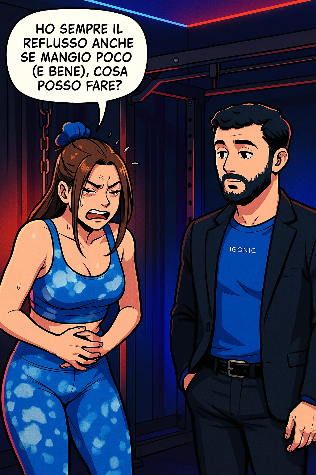 TRASFORMA QUESTO CAROSELLO IN UN FUMETTO STILE WEBTOON/MANGA A COLORI CON QUESTE DUE PERSONE IDENTICHE CHE INTERLOQUISCONO TRA LORO, LA DONNA è DISPERATA CON LE MANI sulla pania perché soffre di reflusso E STA DOMANDANDO TUTTA AGITATA UNA COSA ALL'UOMO:

LEI (DONNA): Ho sempre il reflusso anche se mangio poco (e bene), cosa posso fare?
 emoji