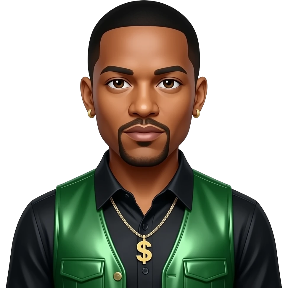 Ludacris with dark brown eyes, black hair, black metallic sleeveless shirt, money green metallic vest, necklace and earrings emoji