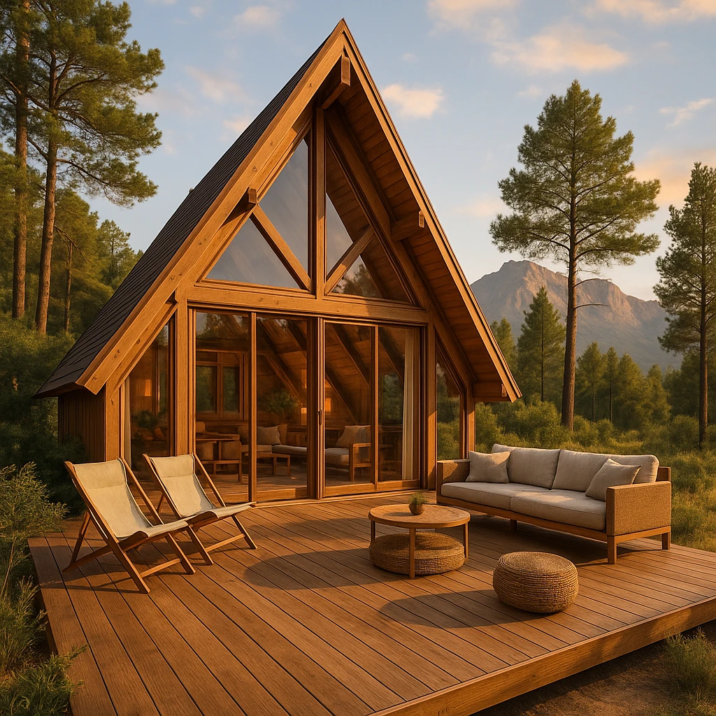A-Frame house in a luxury glamping environment, elegant and detailed, with a wooden deck, outdoor seating, and scenic background, semi-realistic style emoji