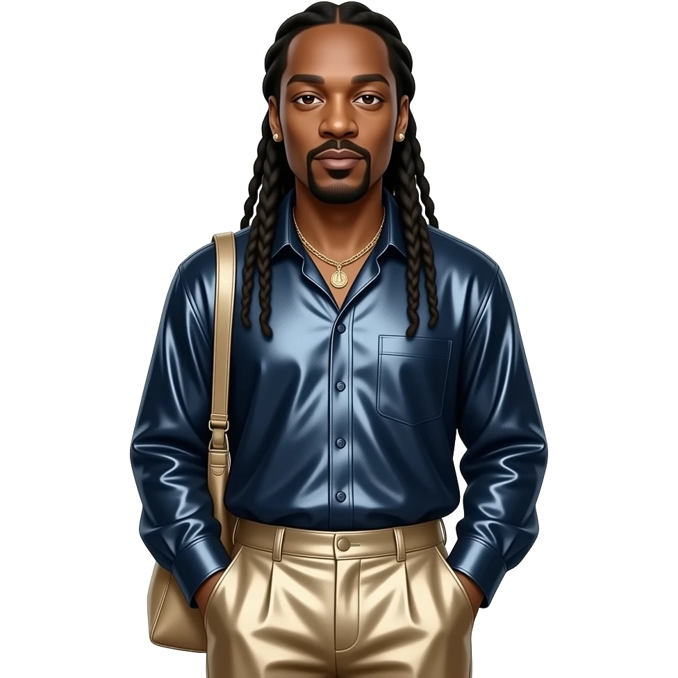 Snoop Dogg with dark brown eyes, long black dreads, dark blue metallic blouse, beige metallic baggy pants, necklace and earrings emoji
