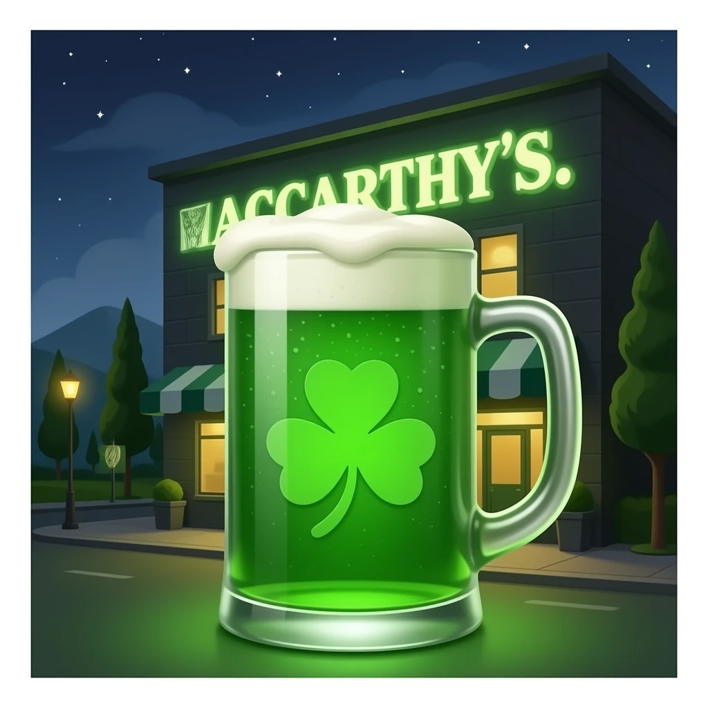 McCarthy's Irish Pub: 3D emoji style, glossy surface, soft shadows, white background, centered, no text, mug of beer with four leaf clover on it, bright green, emoji