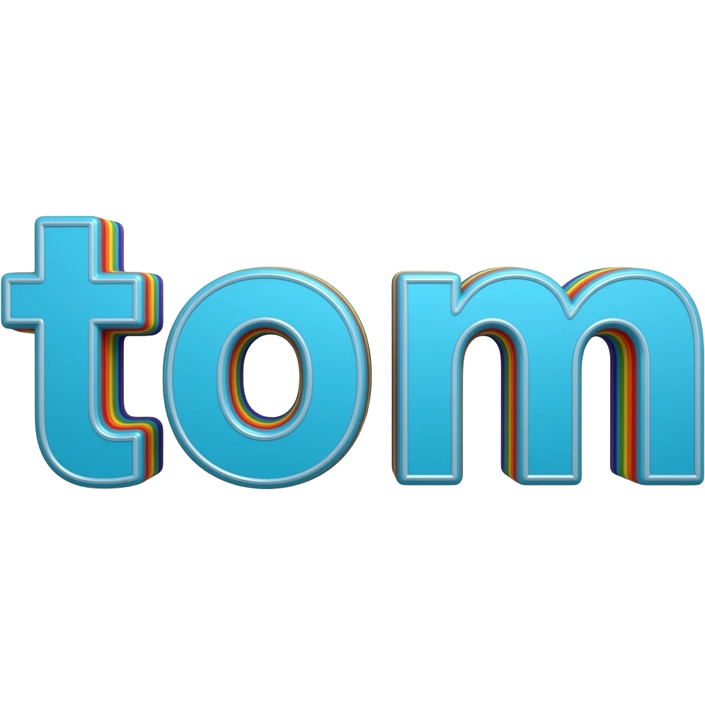 name "tom" in neon blue, 3D style typography lettering, each color of the rainbow as a border outlined around each letter, isolated, 3d rendering, no emoji icons no emoji faces and must have no human figures emoji
