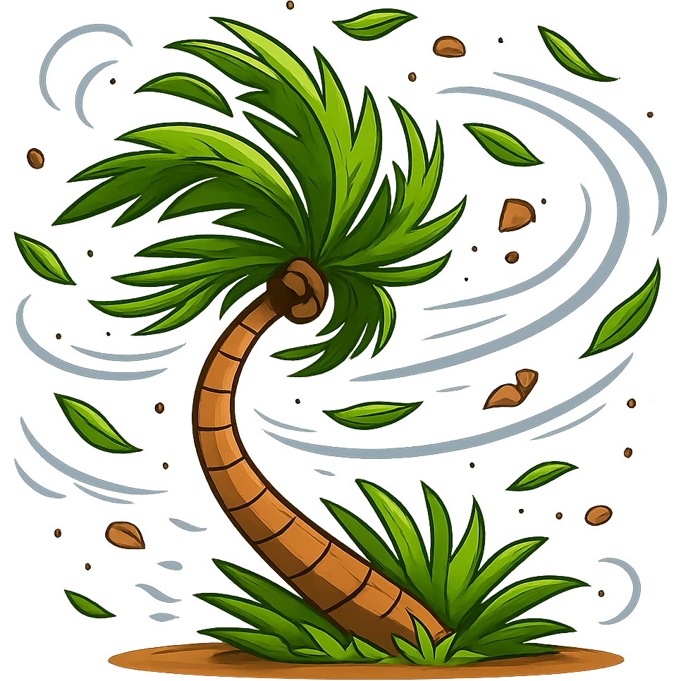 Make the cartoon palm tree in a storm more dramatic: trunk nearly horizontal, leaves wildly blown, add swirling wind and debris, keep the background transparent. Style: cartoon palm tree in storm with intense wind and swirling debris effects. emoji