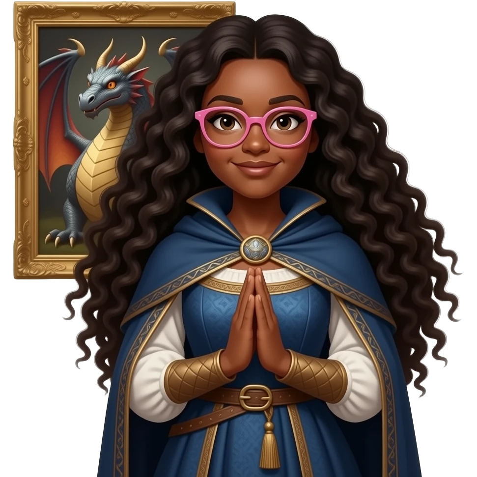 A curvy black  tan skinned woman with long curly hair and pink glasses, wearing a medieval dress and cape, hands folded in front of her, standing in front of a dragon emoji
