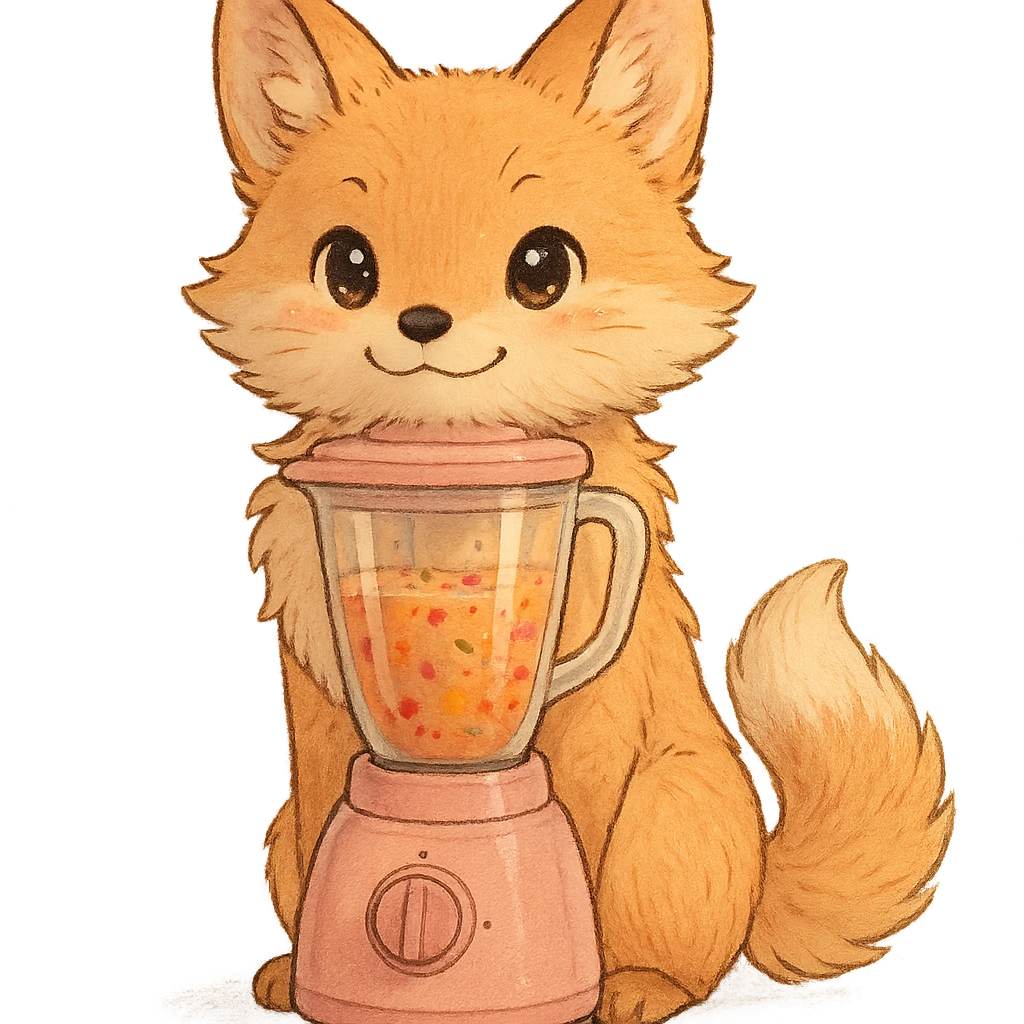 high-quality Ghibli-style soft fluffy fox as a blender with transparent body containing vibrant fruity smoothie, pastel pink, sparkling eyes, sweet smile, full-body pose, highly detailed emoji
