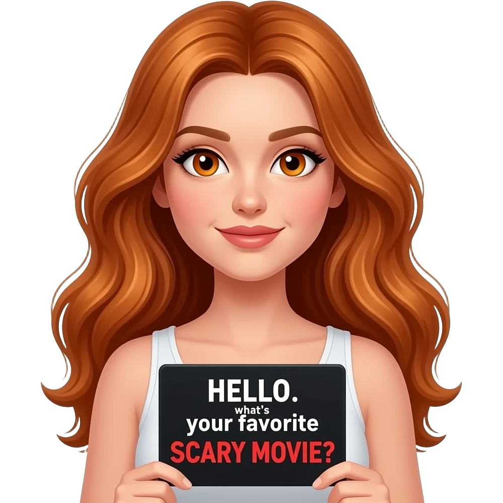 sexy girl with long wavy ginger hair and ginger eyes wearing a white tanktop is holding a black colored sign with HELLO... what's your favorite SCARY MOVIE? written on it emoji