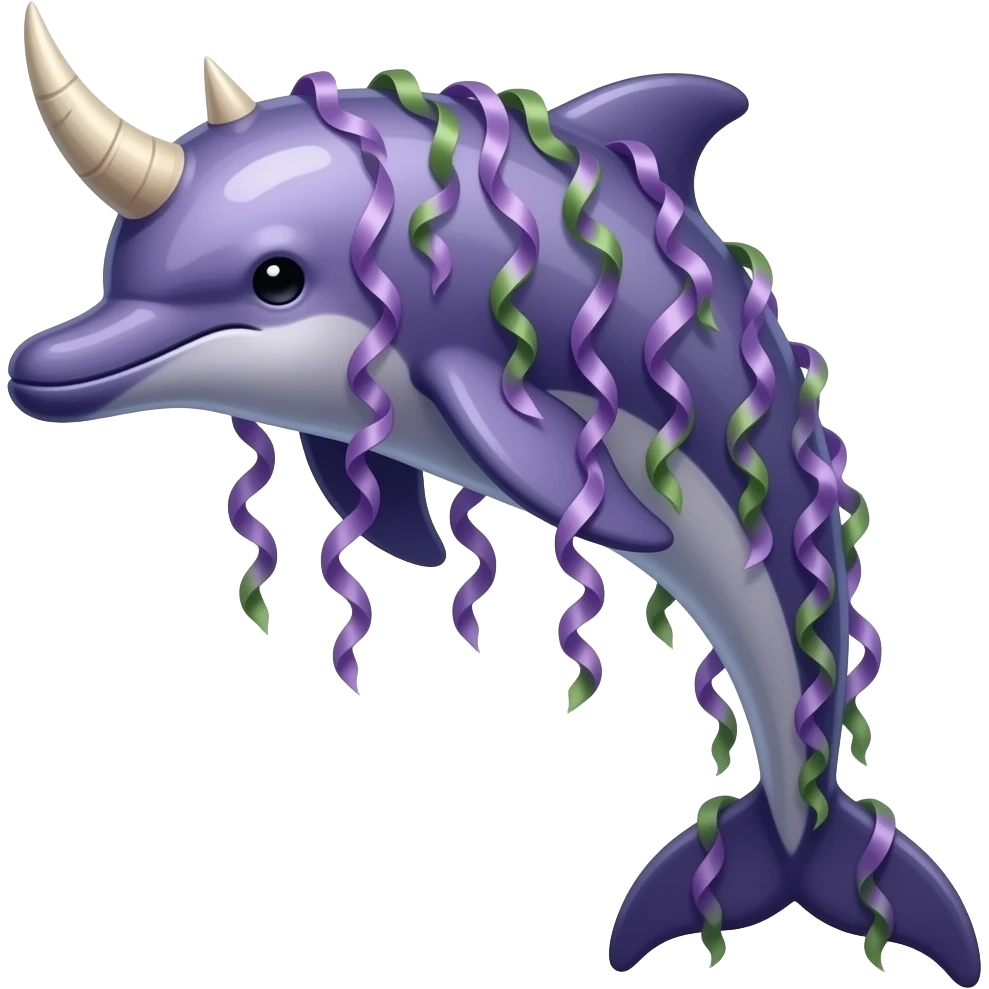 Kelphin A graceful purple dolphin creature covered in ribbon-like seaweed with spikes and a horn. emoji