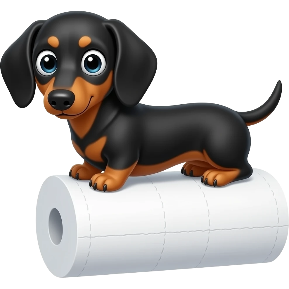 whimsical dachshund wide eyes full body sitting on a toilet paper emoji
