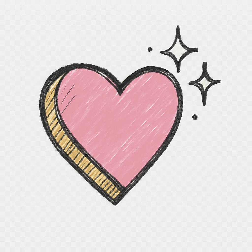 3D effect on a large pink heart with sparkles and gold outline, hand drawn black outline style, white clean background, slightly tilted angle emoji