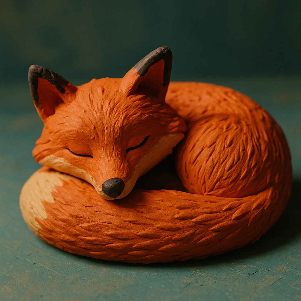 fox curled up sleeping, soft lighting, vibrant colors, detailed fur, claymation style emoji