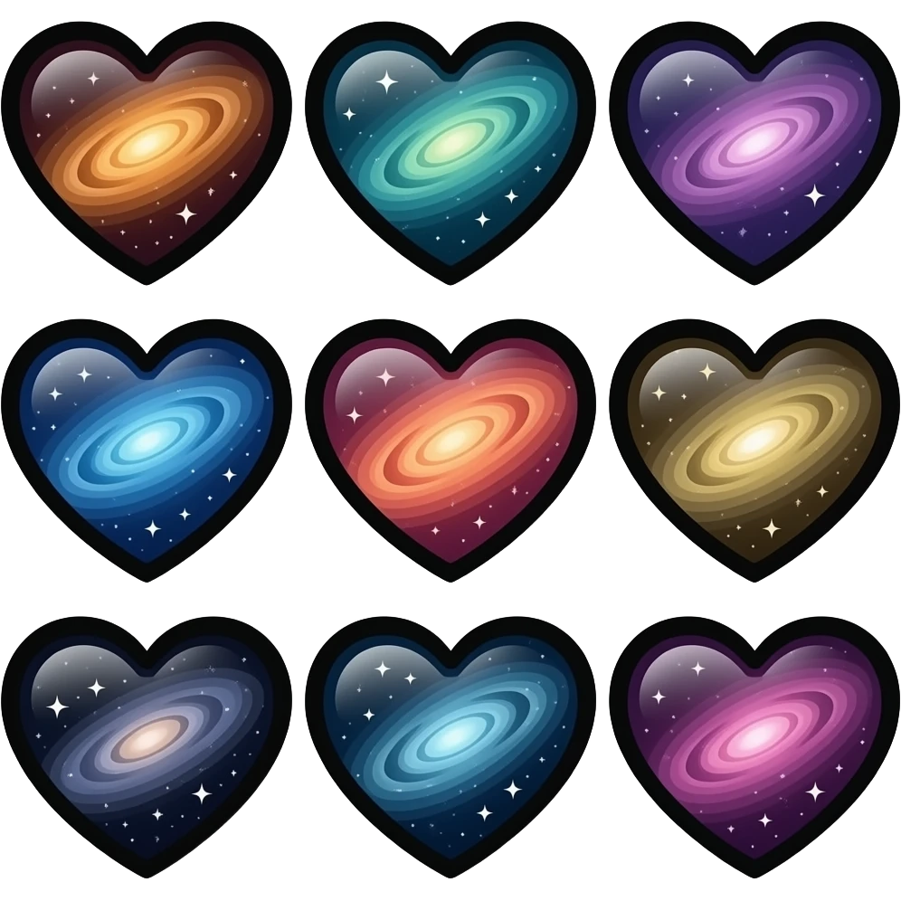 loads of different coolest galaxy hearts but all different colours black outlines cool galaxies different colour emoji