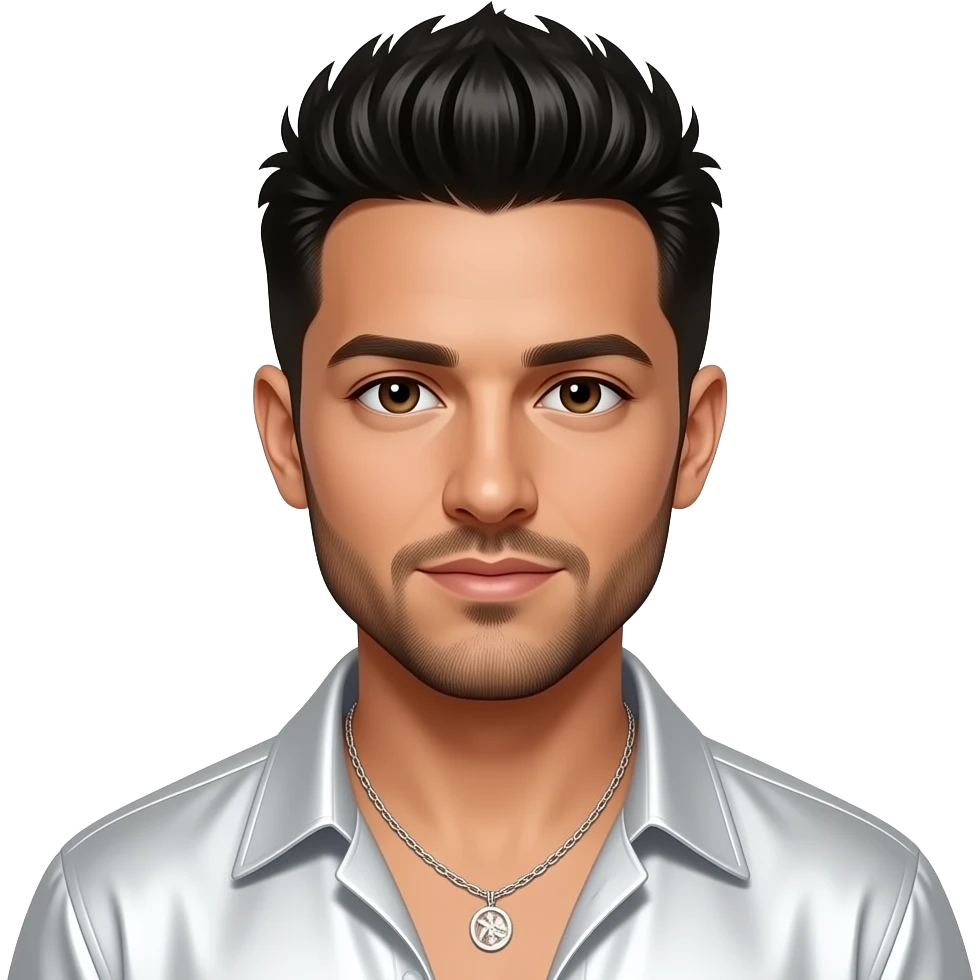 AJ McLean from Backstreet Boys with brown eyes, black 90s mohawk hair and short beard, white metallic shirt, white necklace emoji
