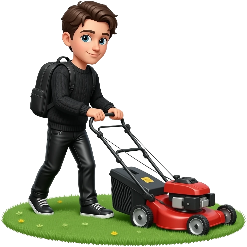 black leather pants, black sweater, black backpack, Gen Z boy mowing the lawn with a lawn mower emoji