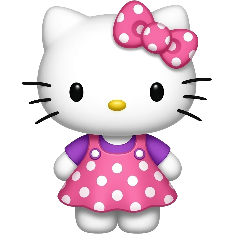 hello kitty wearing pink with white polka dots skirt and a purple shirt with a pink with white polka dots bow emoji