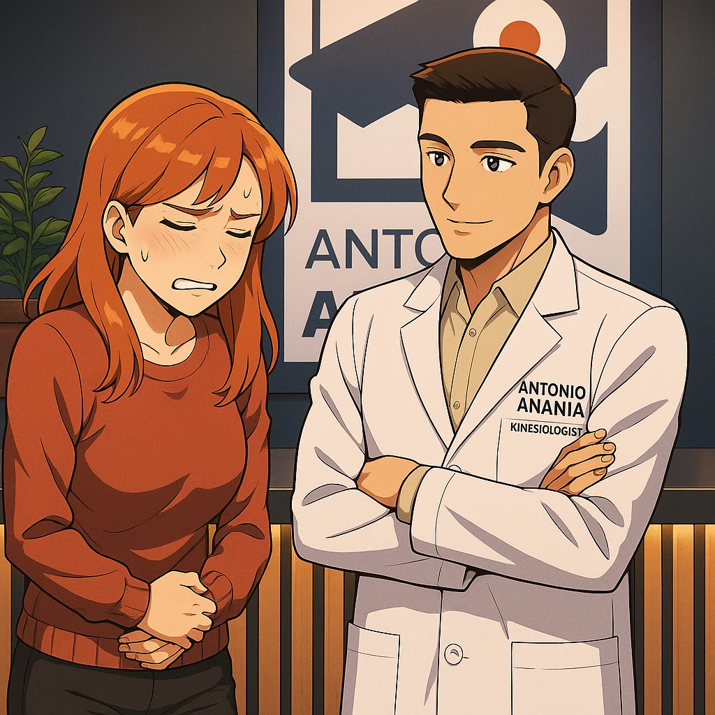 su questo stile fai un manga/webtoon a colori in cui una donna che parla esasperata dal suo problema, l'uomo della foto in stile manga gli risponde, mantieni un ambiente simile alla foto che ho allegato con il suo logo (sarebbe il suo studio, lui è un kinesiologo), scrivigli "ANTONIO ANANIA" sul camice bianco, non mettere fumetti, ma fai in modo che sembri che la donna chiede una cosa e l'uomo risponde alla sua domanda emoji