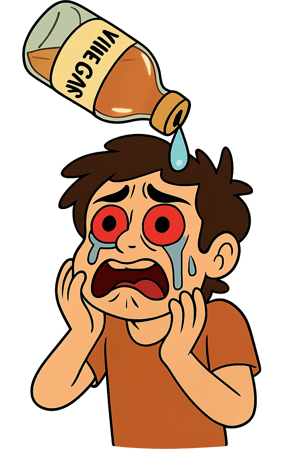 A cartoon style illustration showing a vinegar bottle above a person, with a drop of vinegar falling into their wide, red eyes with tears streaming down. The image has no background and is vivid and expressive in a cartoon style, emphasizing the vinegar bottle, the falling drop, and the teary eyes. emoji