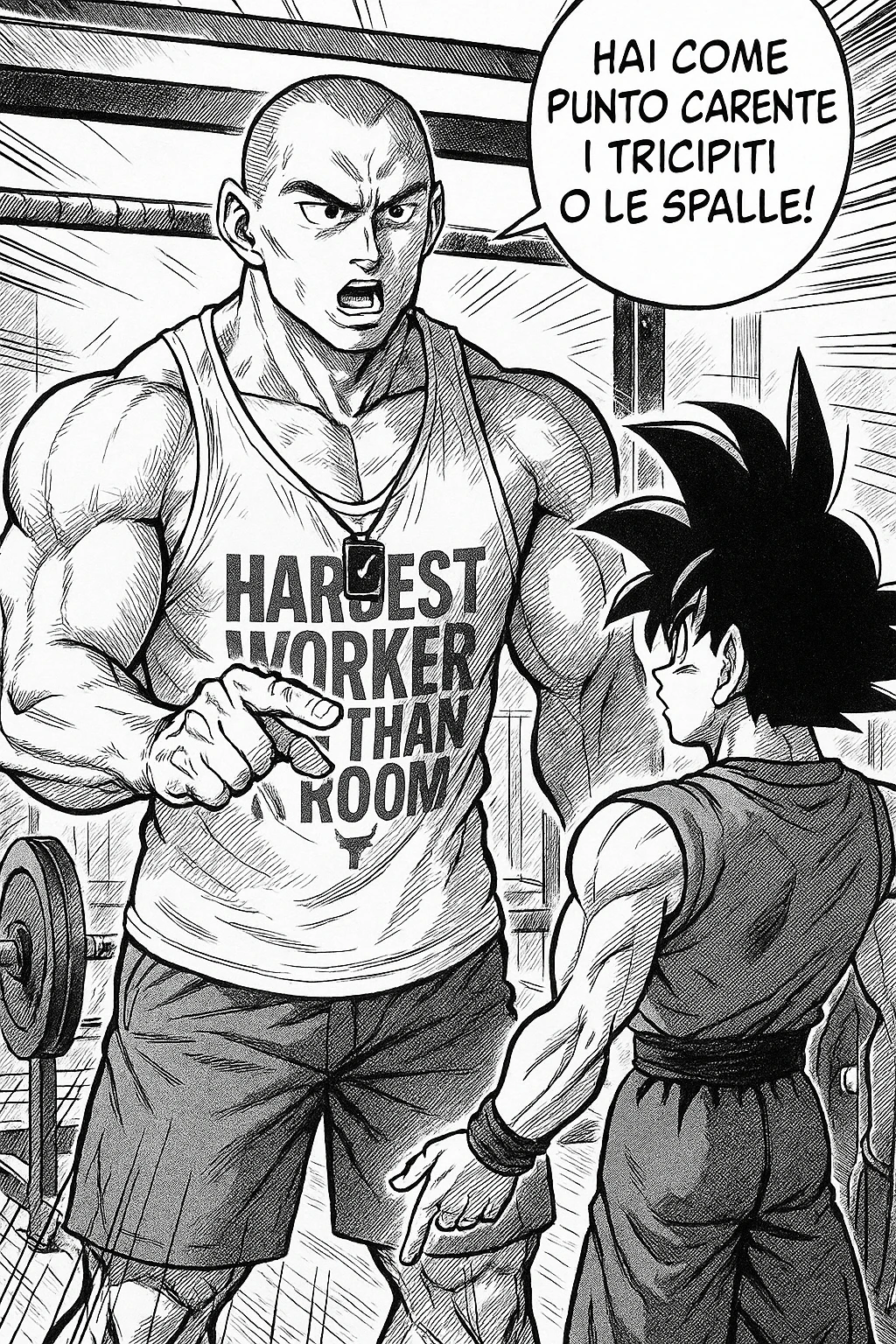 Personal trainer che dice al suo allievo, "hai come punto carente i tricipiti o le spalle!" Stile manga di Dragon Ball emoji