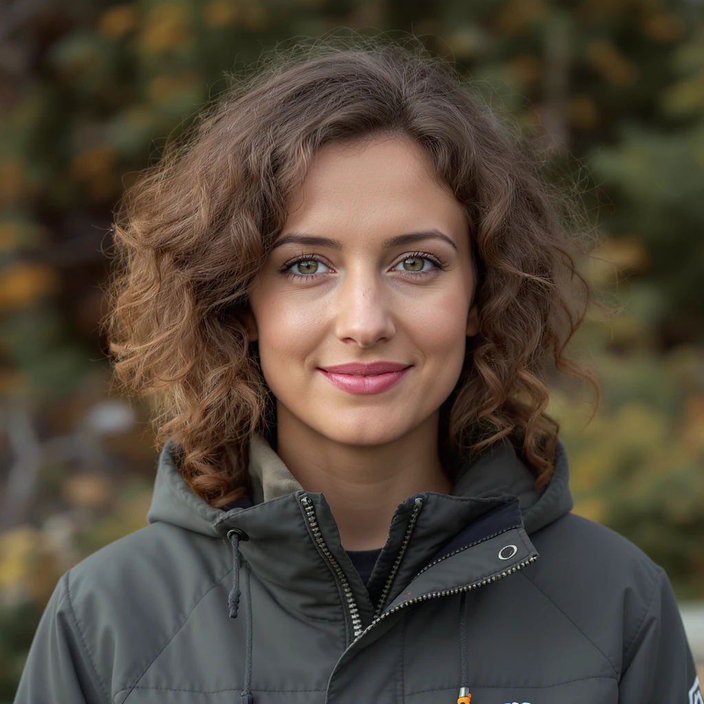 curly haired woman with shoulder length brown hair, realistic style, high detail, natural lighting emoji