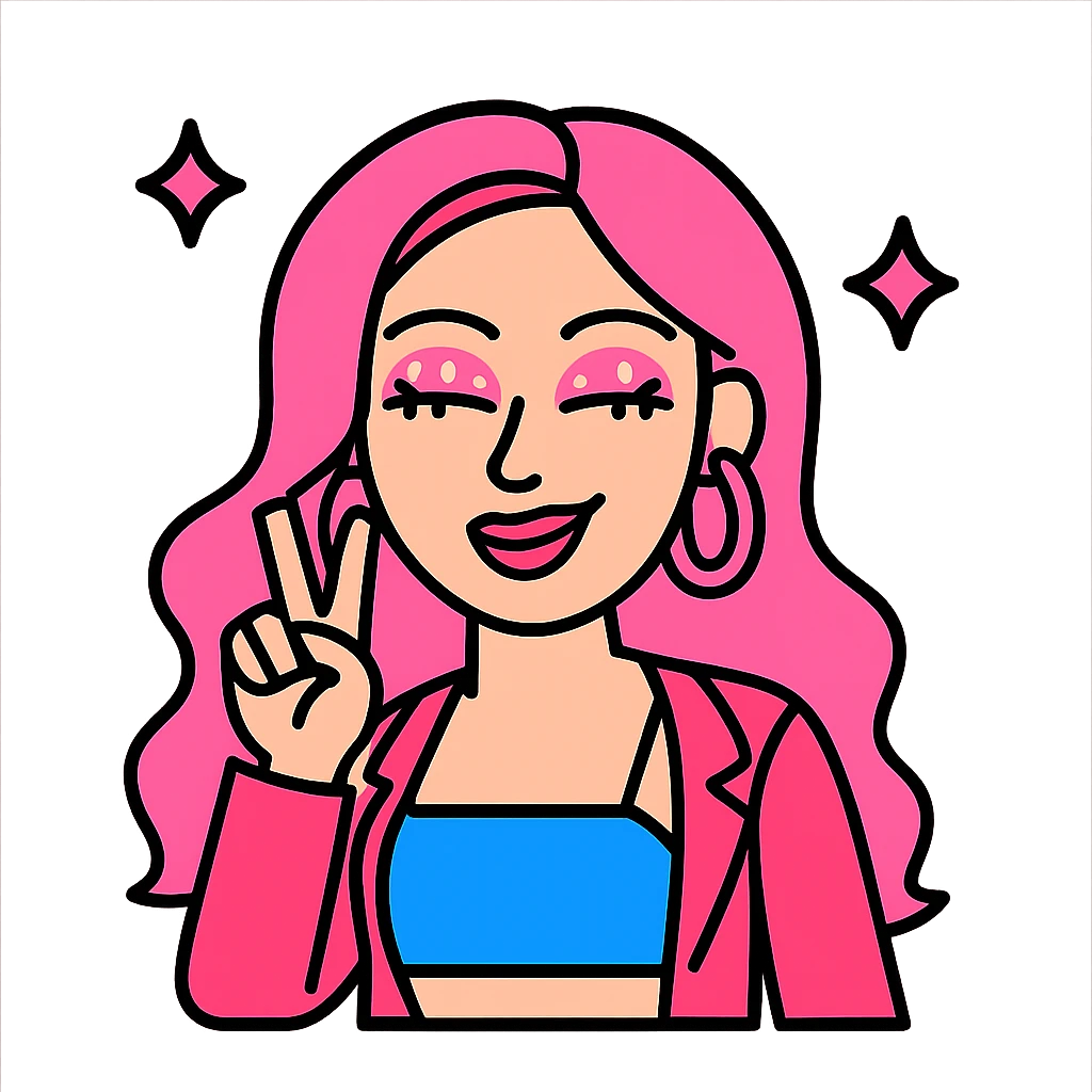 Slayyyter as a cartoon icon, pink highlights, sparkly eyeshadow, playful pose, trendy outfit emoji