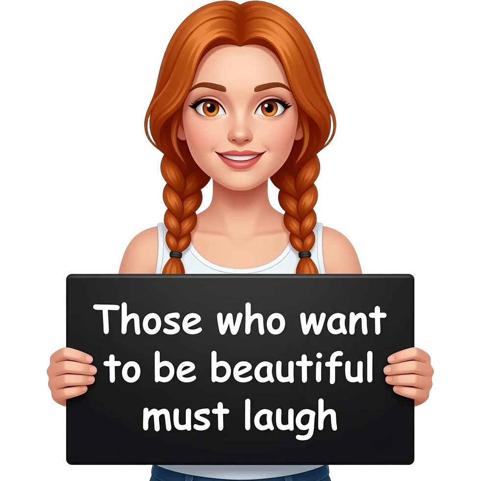 sexy girl with long ginger braids and ginger eyes wearing a white tanktop is holding a big black sign with Wer SCHÖN SEIN will, muss LACHEN written on it emoji
