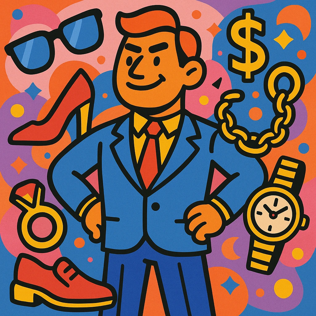 A leader figure standing proudly, encircled by luxury goods such as designer footwear, sunglasses, gold jewelry, and luxury watches, vibrant colorful style emoji