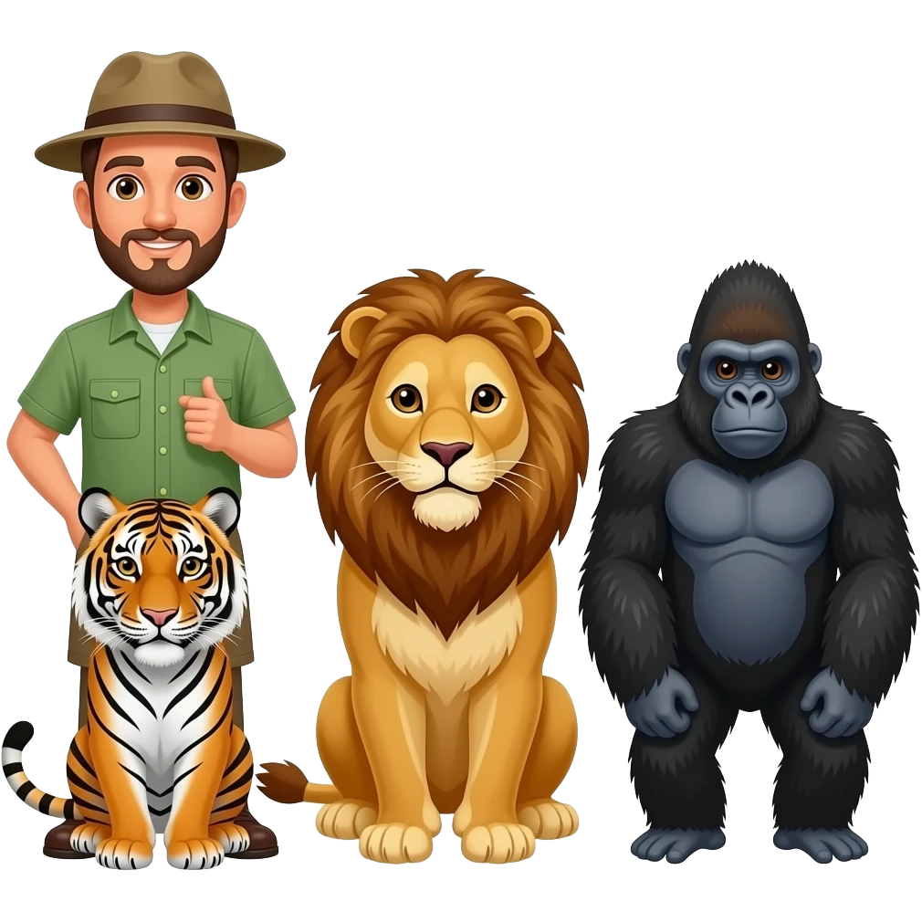 A man zookeeper standing with a tiger, lion and gorilla emoji