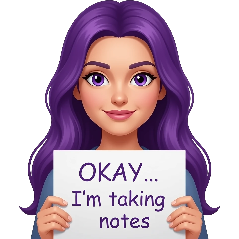 sexy girl with long purple hair and purple eyes holding a OKAY... I'm taking notes  sign emoji