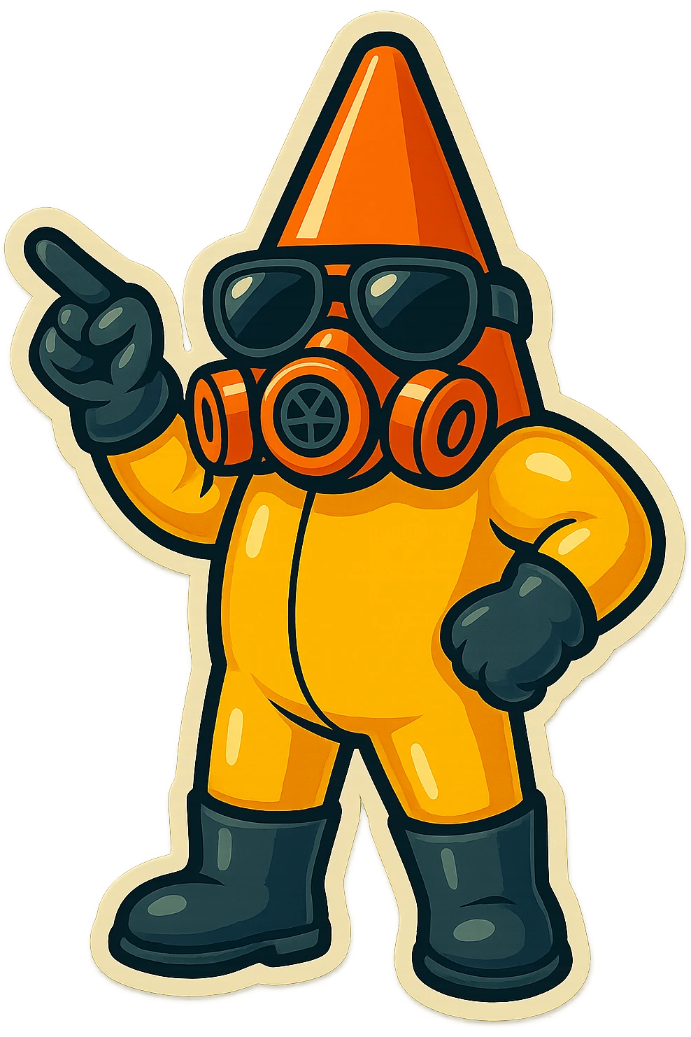 This character in retro sticker style, standing with one arm raised and finger pointing forward, issuing a command. emoji