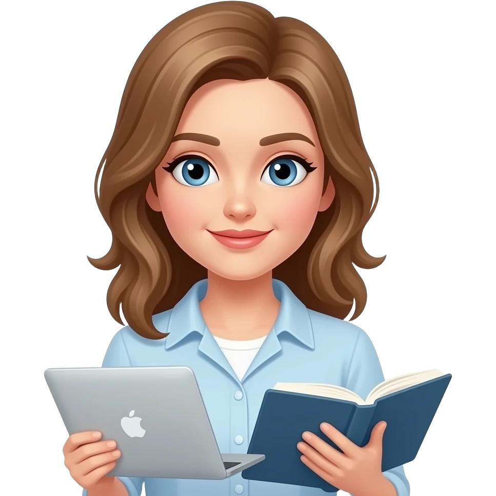 Blue eyes, Reading and studying on MacBook, Woman, Light Brown hair emoji