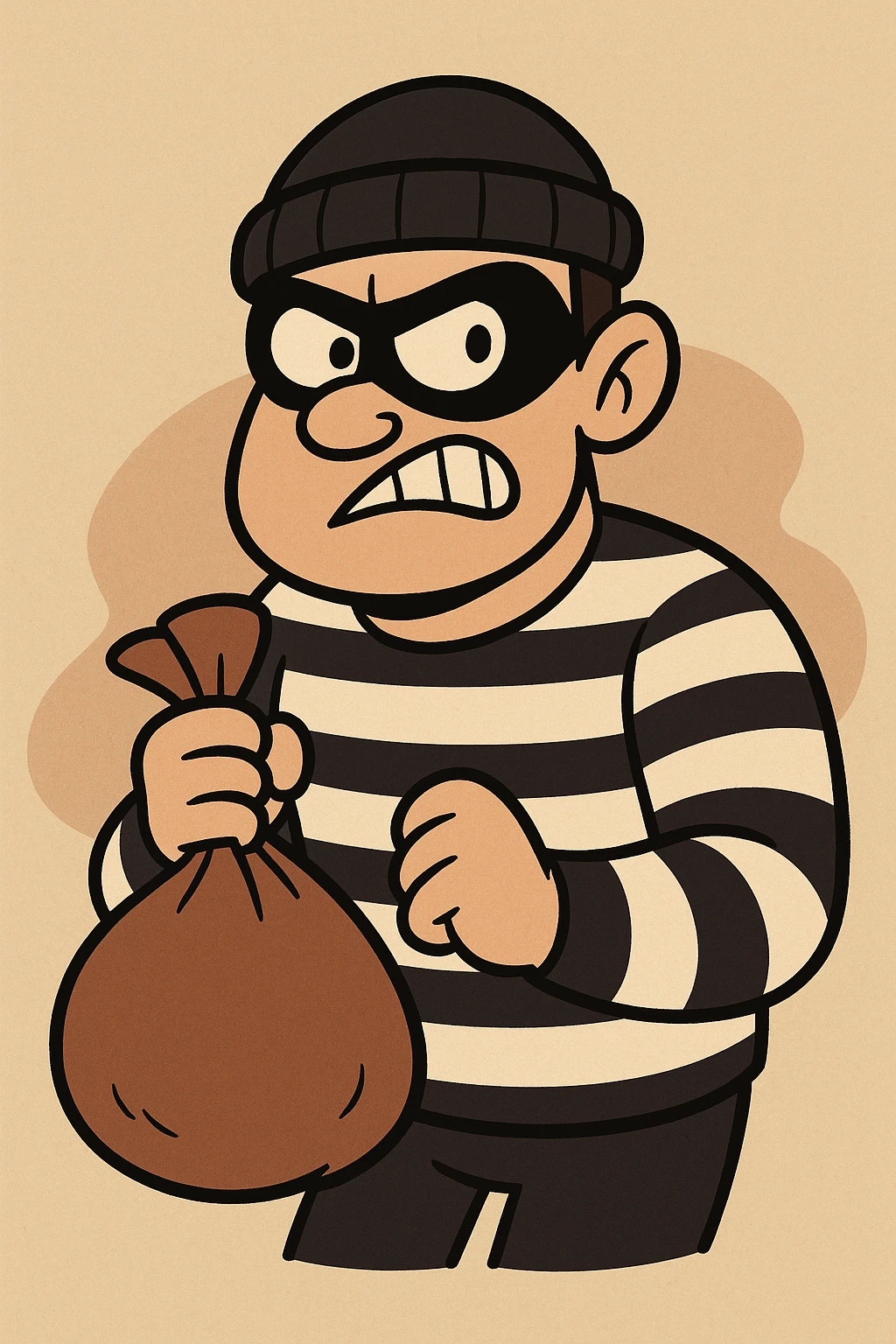 robber character with a black eye mask, black and white striped shirt, holding a sack, cartoon style emoji
