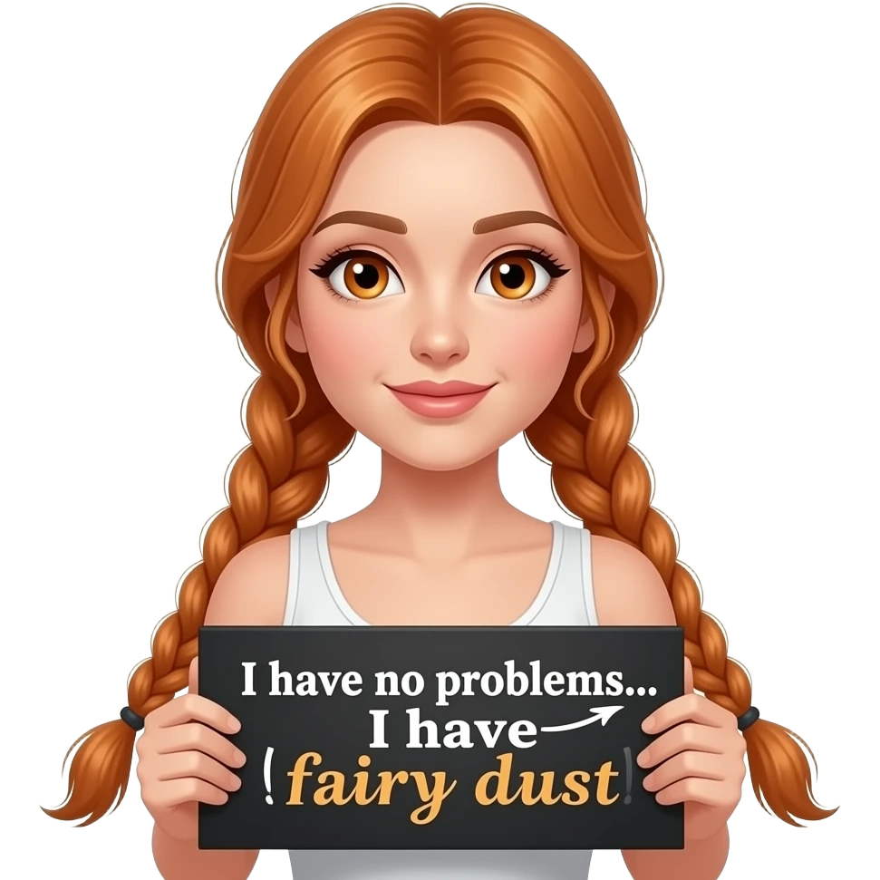 sexy girl with long ginger braids and ginger eyes wearing a white tanktop holds a black sign with Ich habe keine PROBLEME... Ich habe FEENSTAUB written on it emoji