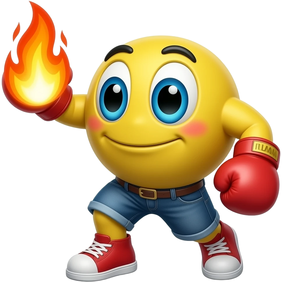Traditional PAC man no eyes with flames arm punching with a boxing emoji