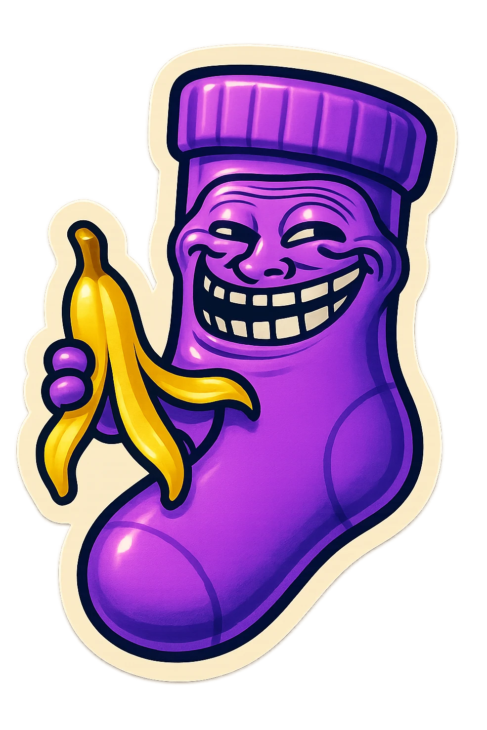 A neon-purple sock with a trolling face, holding a banana peel, representing trolling or pranks. emoji