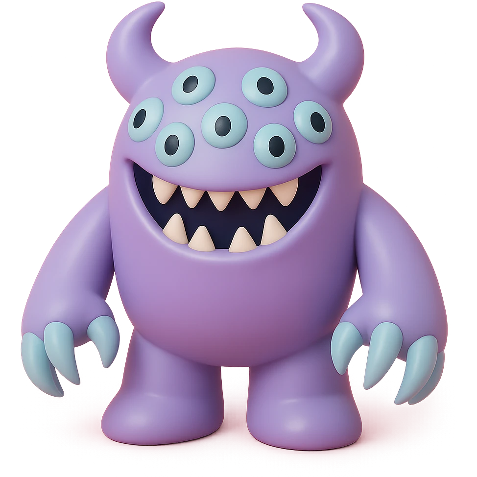 terrifying monster with multiple eyes, long claws, menacing grin, deep purple and black colors, vinyl figure style emoji