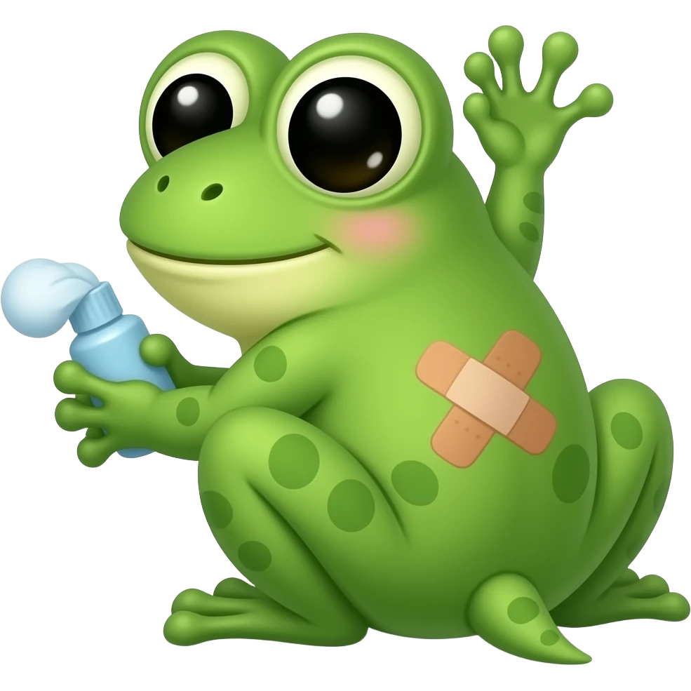 cute chibi frog with a bandaid on his butt holding vapor rub "Sana sana colita de arana" emoji