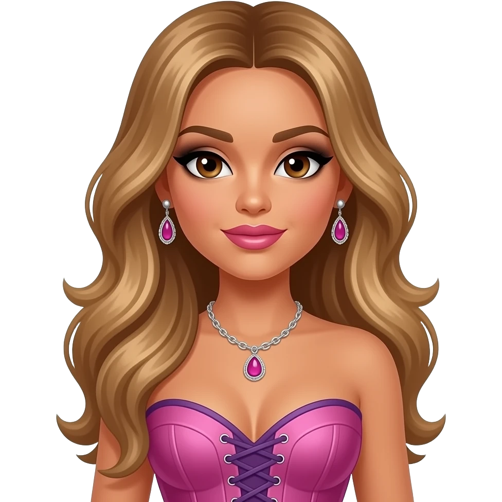 Melody Thornton from The Pussycat Dolls with medium brown skin, brown eyes, long golden brown hair, black eyeshadow, pink lipstick, pink and purple off corset dress, necklace and earrings emoji