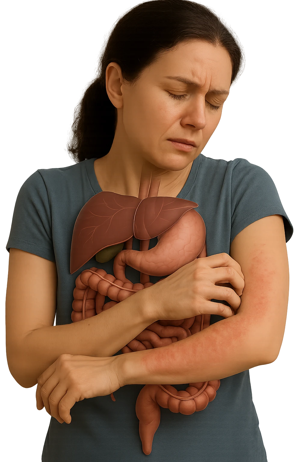 donna con intestino umano anatomico realistico che si gratta il braccio su cui ha un'eritema, iperrealistica 4k emoji